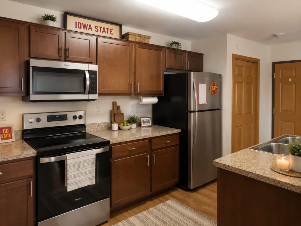 Modern kitchen with granite countertops at South Meadow in Ames, Iowa