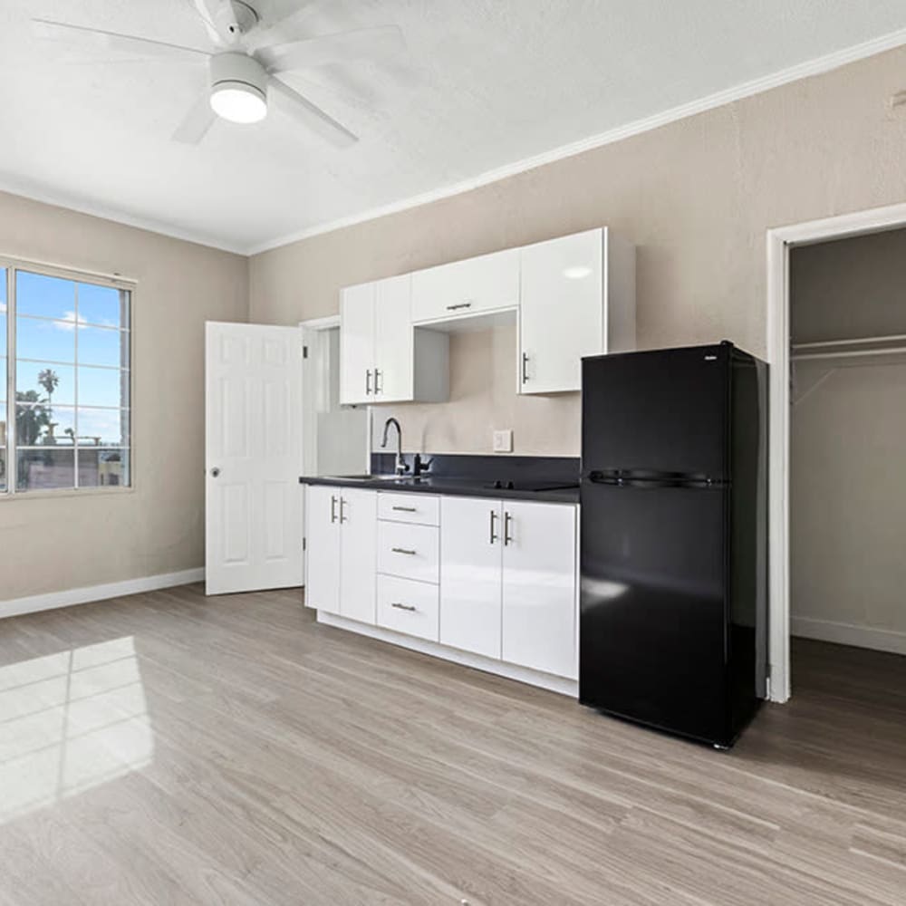 Studio apartment with a large closet and lots of natural light at Langdon Park at Hollywood Studios in Los Angeles, California