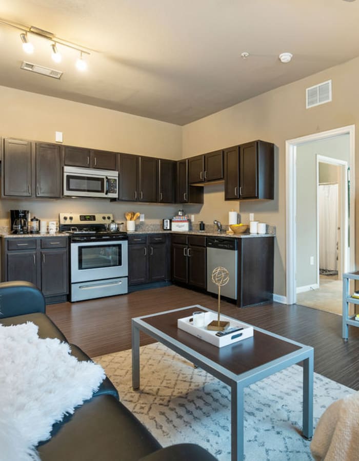 Apartment living room with wood-style flooring at The Blake in Kennesaw, Georgia 