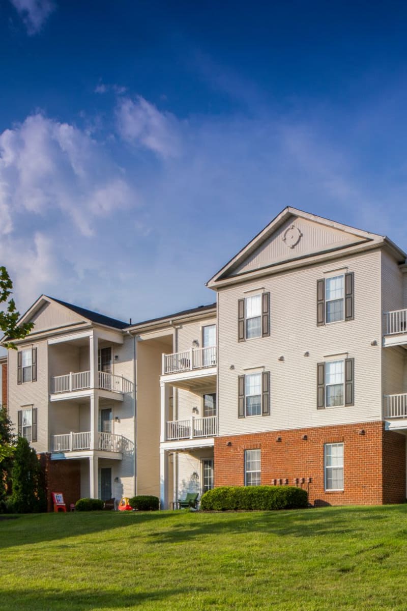 Exterior of The Preserve at Beckett Ridge Apartments & Townhomes on a sunny spring day in West Chester, Ohio