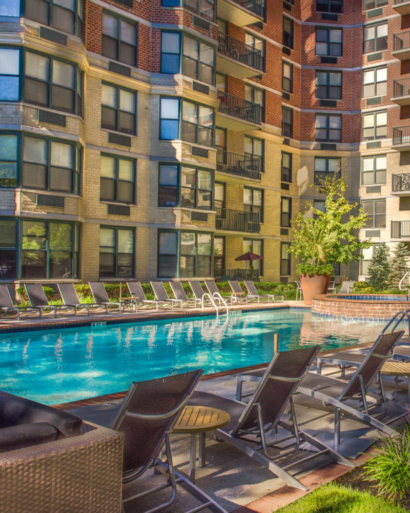 Sparkling pool and lounge chairs at Riverbend at Port Imperial in West New York, New Jersey