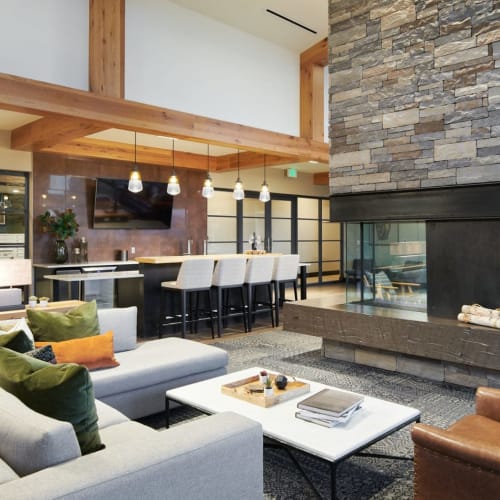 Fireplace in the clubhouse at Epoque in Golden, Colorado