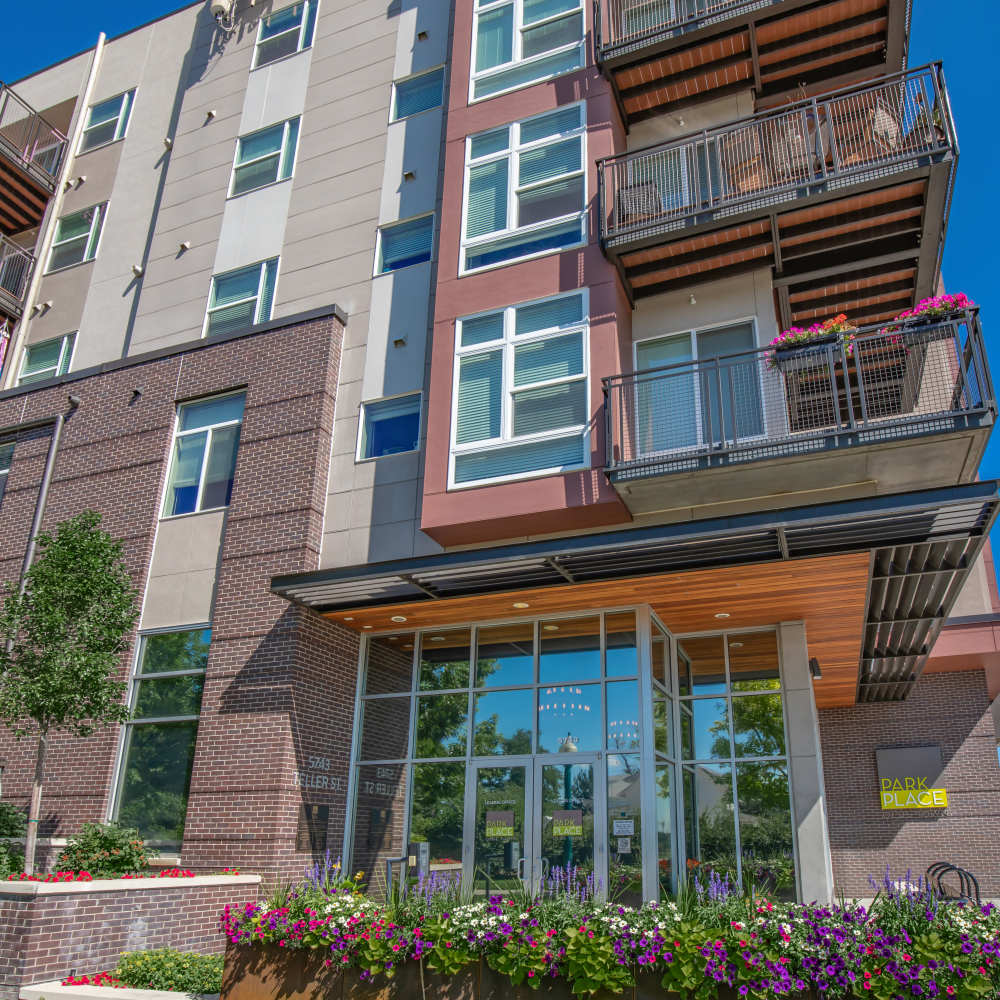 Entrance to the apartment builing at Park Place Olde Town Apartments in Arvada, Colorado