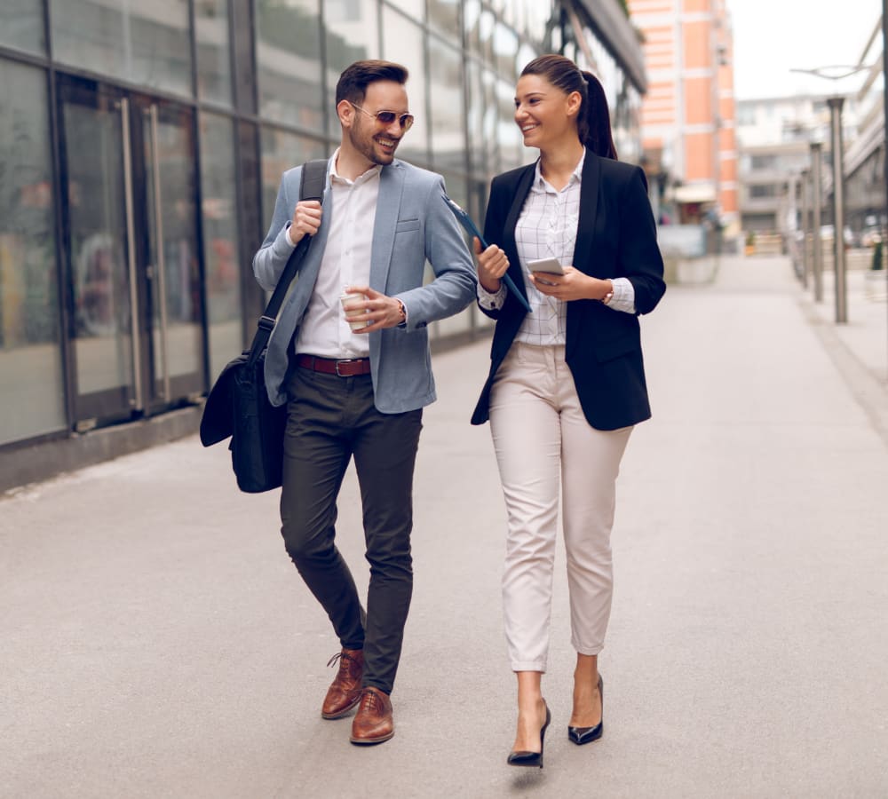 Resident discussing a project with a colleague outside their office near Sofi Lakeside in Everett, Washington