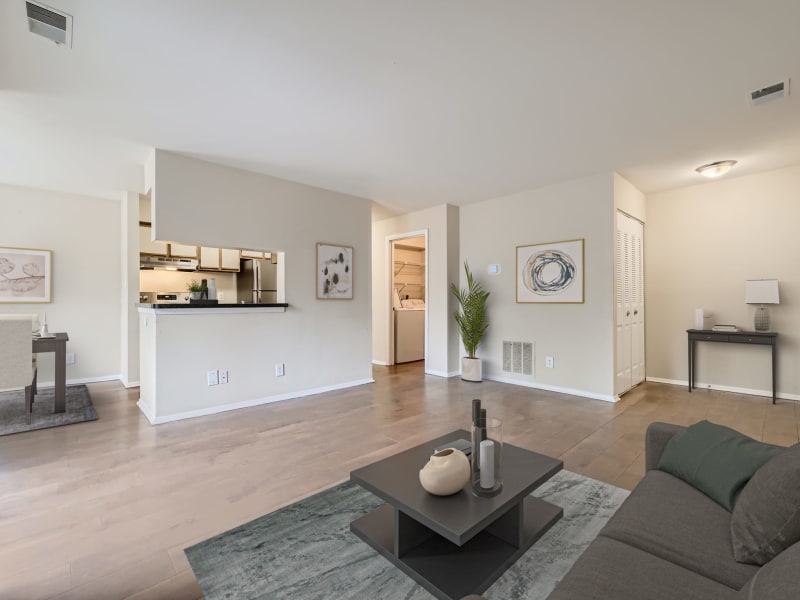 Hardwood flooring in a roomy model apartment at Hunt Club in Gaithersburg, Maryland