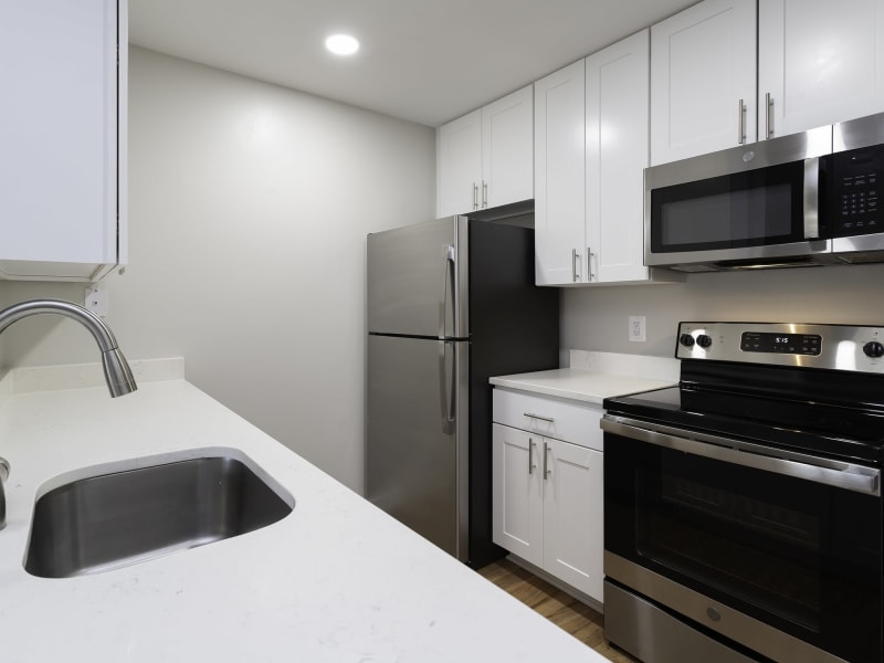 Stainless steel appliances in a model apartment kitchen at Windsor Park in Woodbridge, Virginia