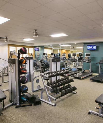 Fitness center at The Drake Apartments in Mayfield Heights