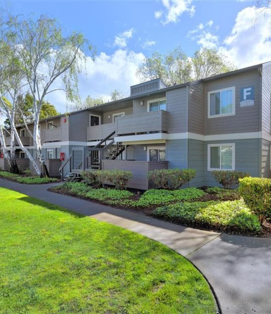 Professionally landscaped common areas outside resident buildings at Sofi Union City in Union City, California