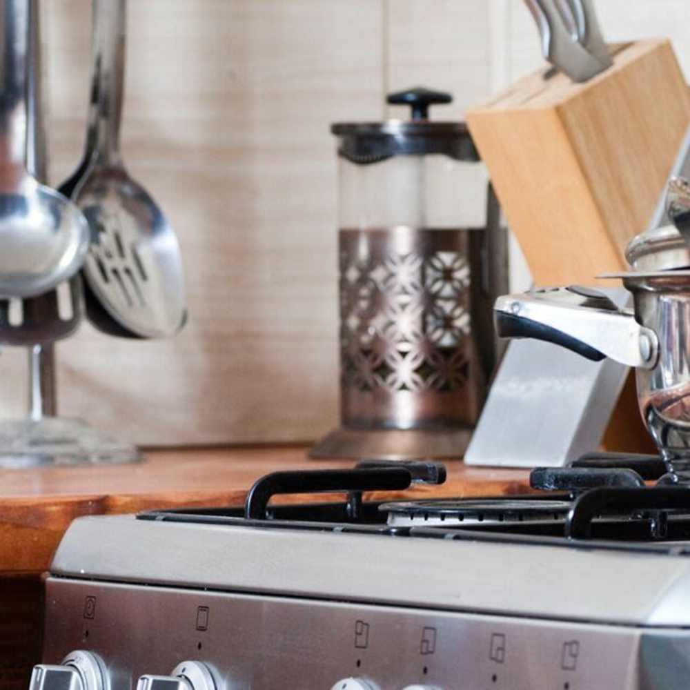 Kitchen with stainless-steel appliances at Kittridge in Reseda,California