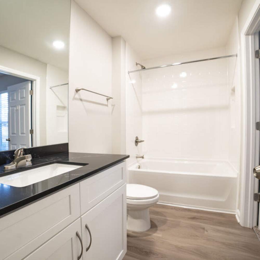 Well-lit bathroom at Avonlea Towne Lake in Woodstock, Georgia