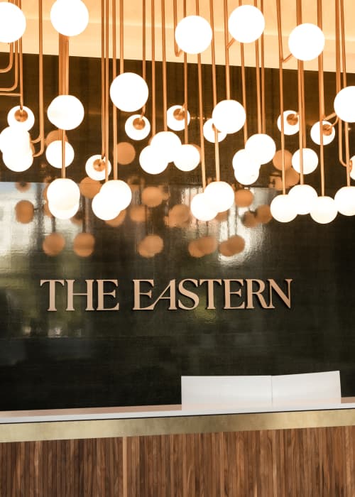 Lights in the lobby at The Eastern in Raleigh, North Carolina