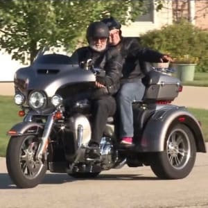 Resident Connie riding on a Harley near Arbor View in Burlington, Wisconsin.