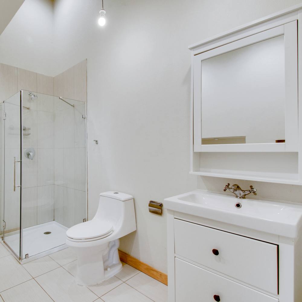 Bathroom with sink, commode and glass shower at The Lofts at 305 in Bryan, Texas