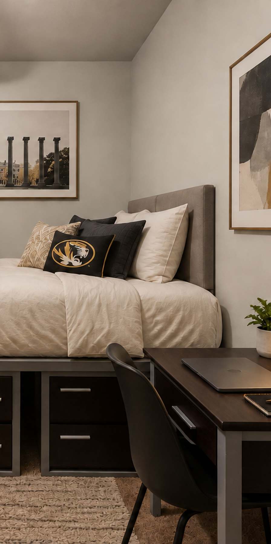 Modern bedroom in a model student apartment at The Den in Columbia, Missouri