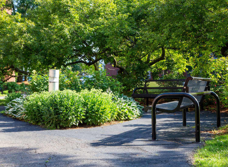 Community seating space in the courtyard at Chelsea Village in Chelsea, Massachusetts