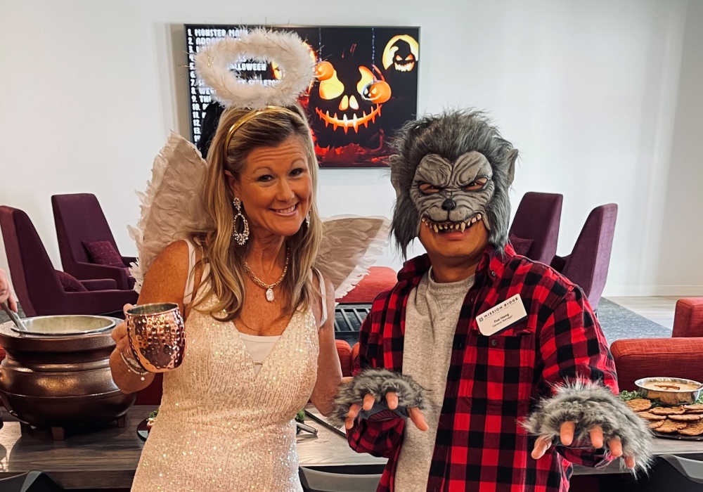 Resident and caretaker dressed up at Mission Ridge in Springfield, Missouri
