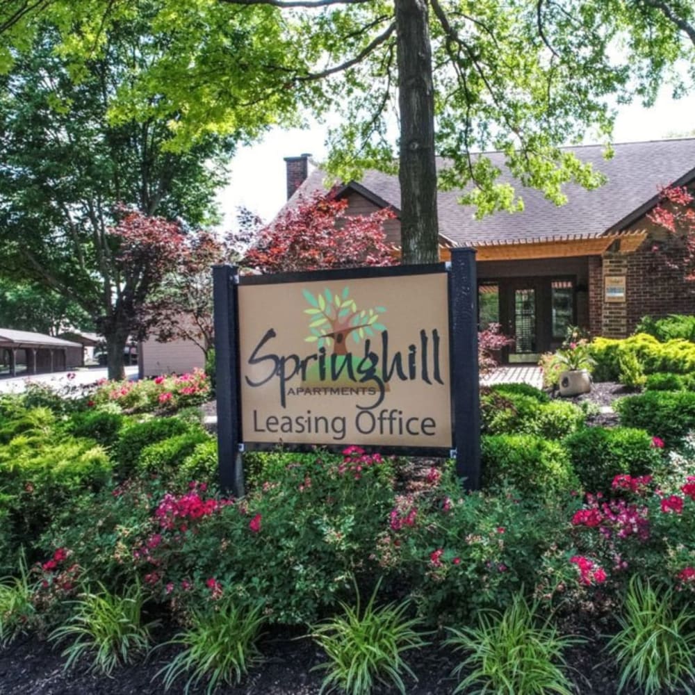 Springhill landmark with beautiful landscaping at Springhill Apartments in Overland Park, Kansas