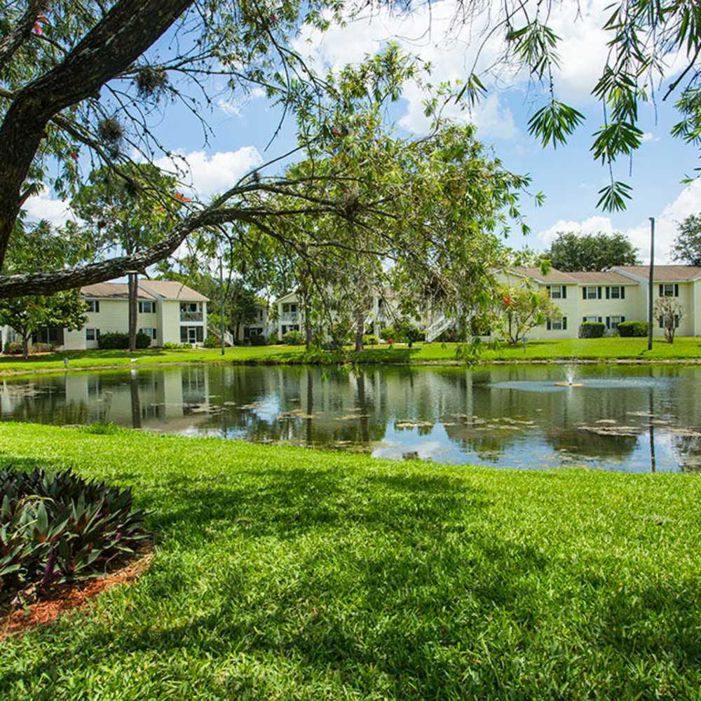 Serene waterfront view at charming residences in a lushly landscaped setting in Port Richey, Florida. Park Place Apartments in Port Richey, Florida