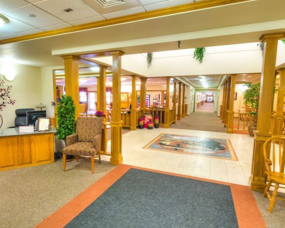 Main lobby with tile mosaic at Addington Place of Fairfield in Fairfield, Iowa.