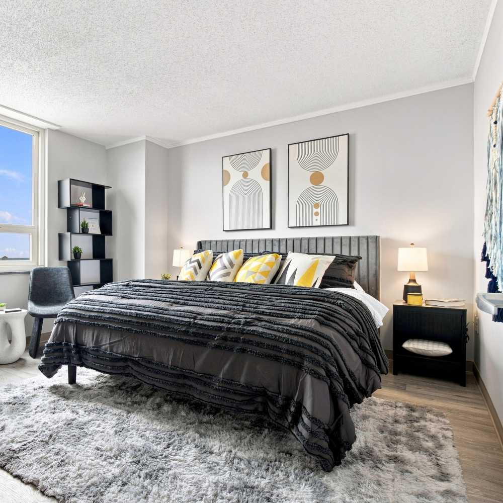Cozy bedroom at The Simone in Silver Spring, Maryland