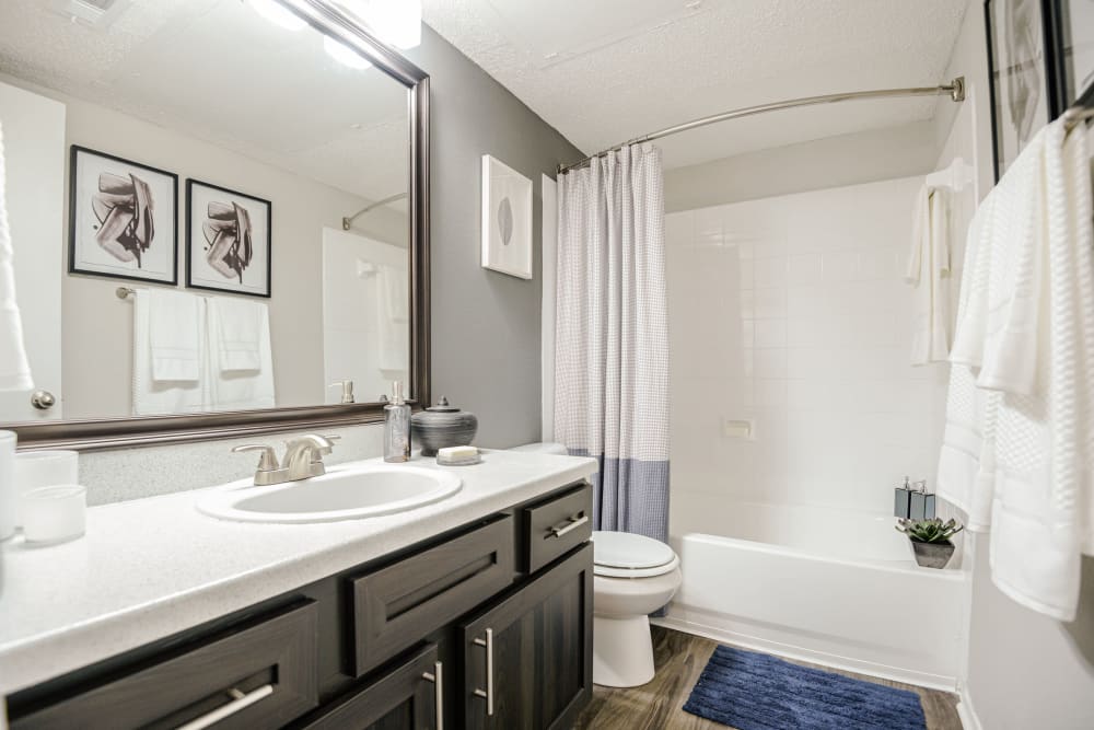 Model bathroom with large vanity mirror and oval tub at The Regent in Dallas, Texas