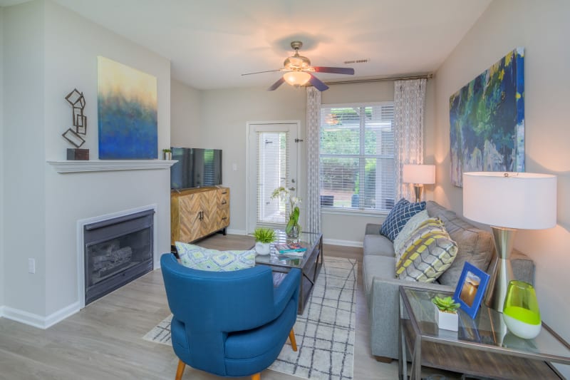 Living Room area with wood style flooring and a fireplace at The Mark in Raleigh, North Carolina