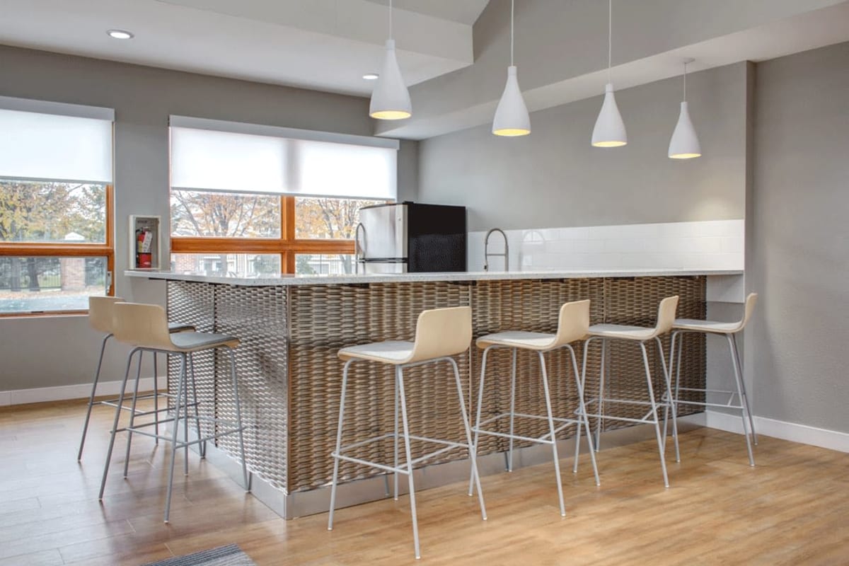 Bar seating in the clubhouse kitchen at Bristol Village in Bloomington, Minnesota