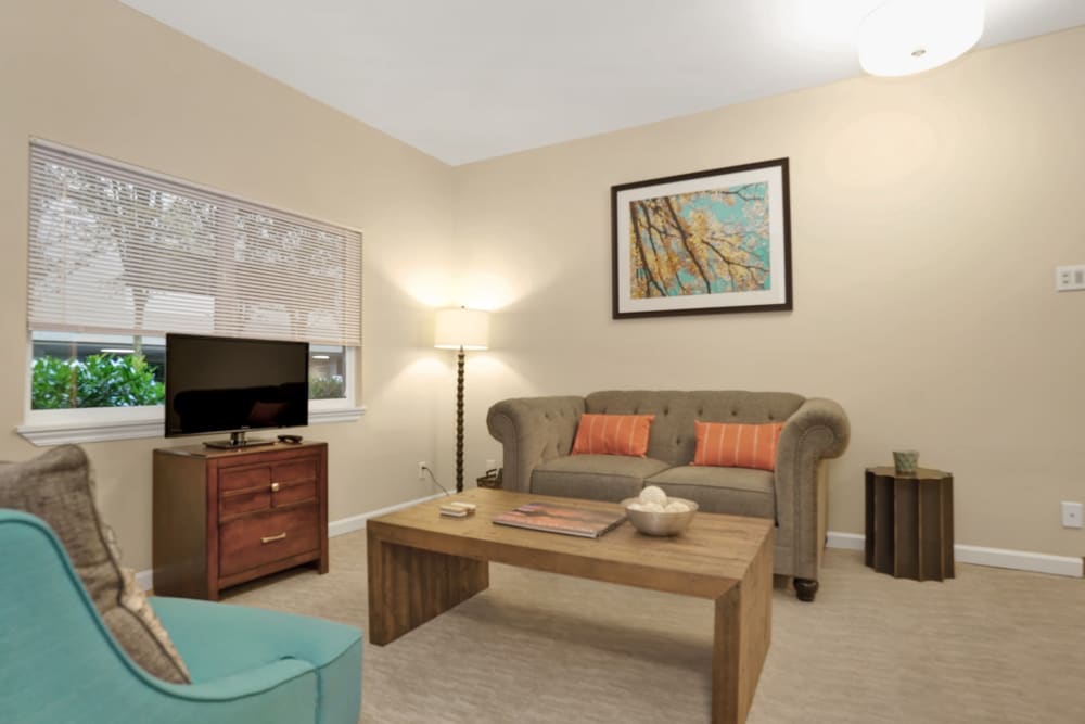 Living room in senior apartment at Island House in Mercer Island, Washington