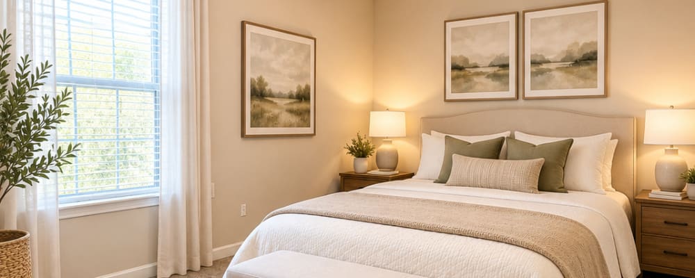 Furnished bedroom at Lodge at Lakeshore in Greensboro, North Carolina