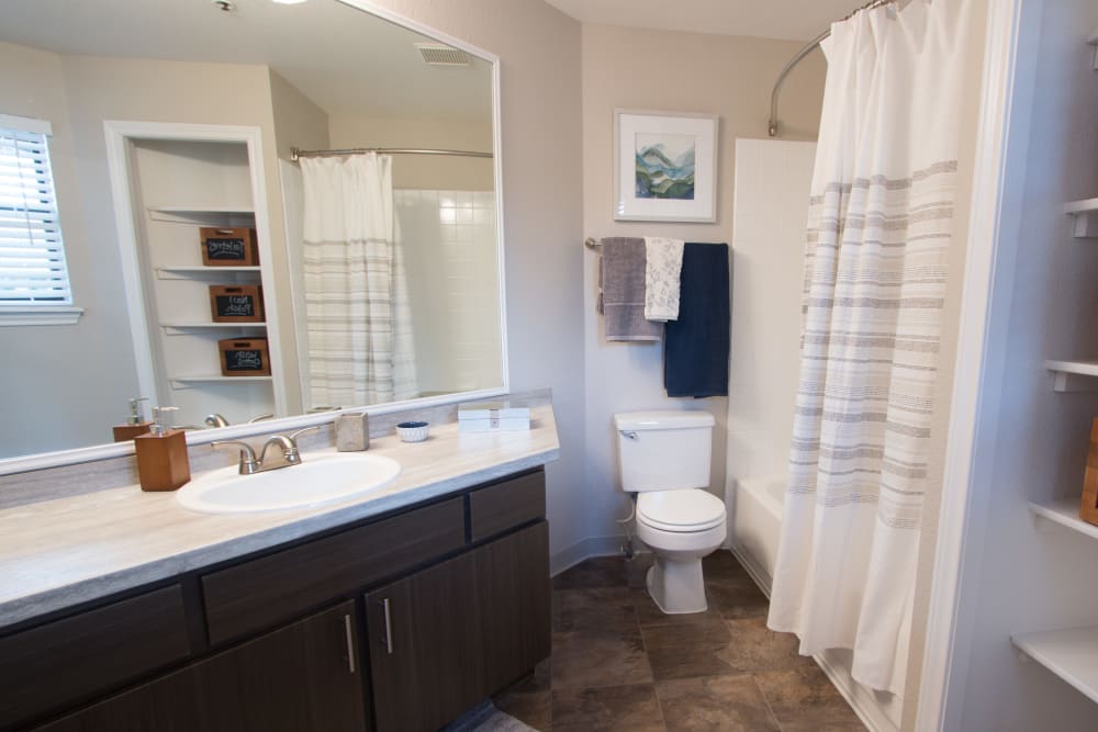 Master bathroom with plenty of storage space at Ashford Belmar in Lakewood, Colorado
