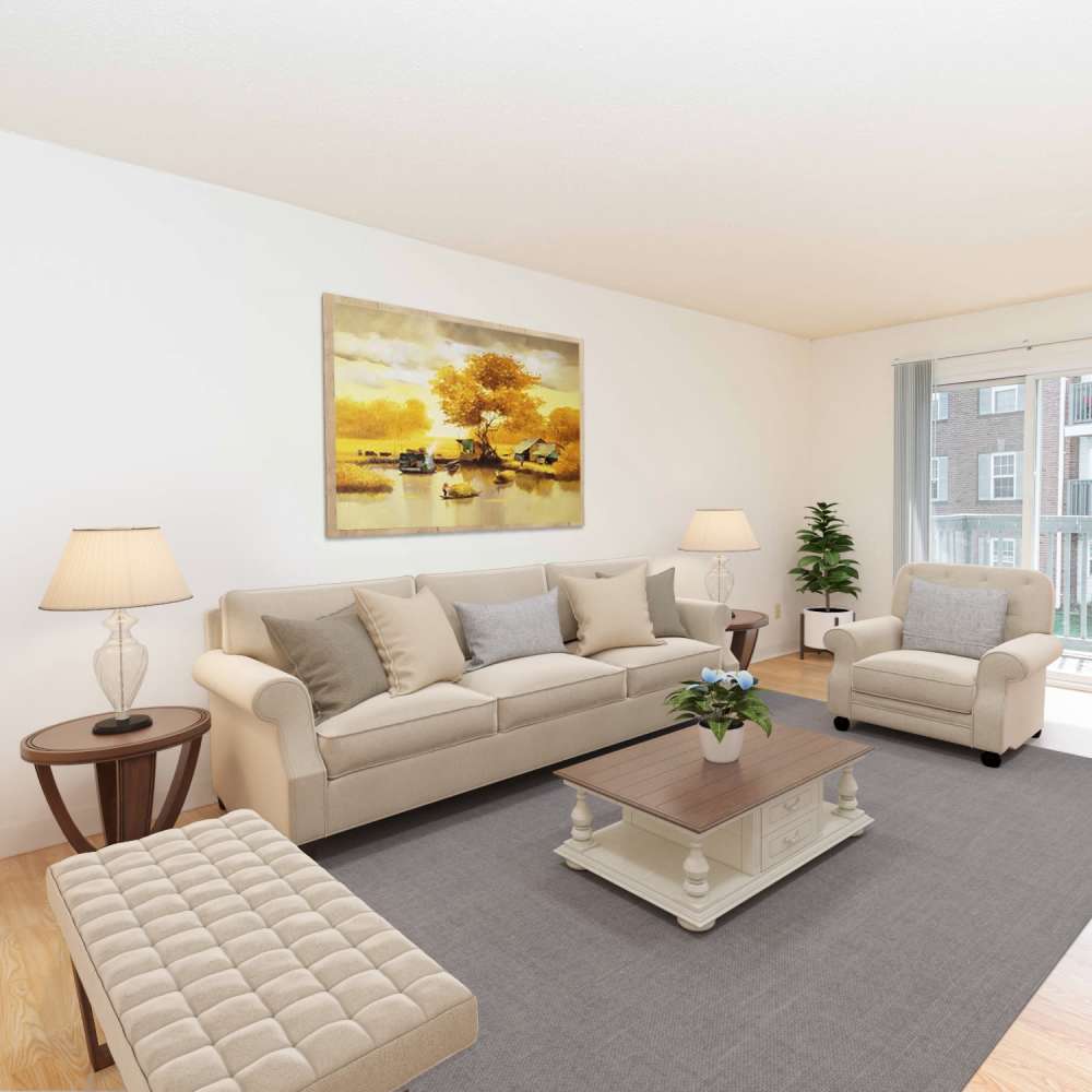 Living room with premium features at Village Green Apartments in Chesterfield, Missouri