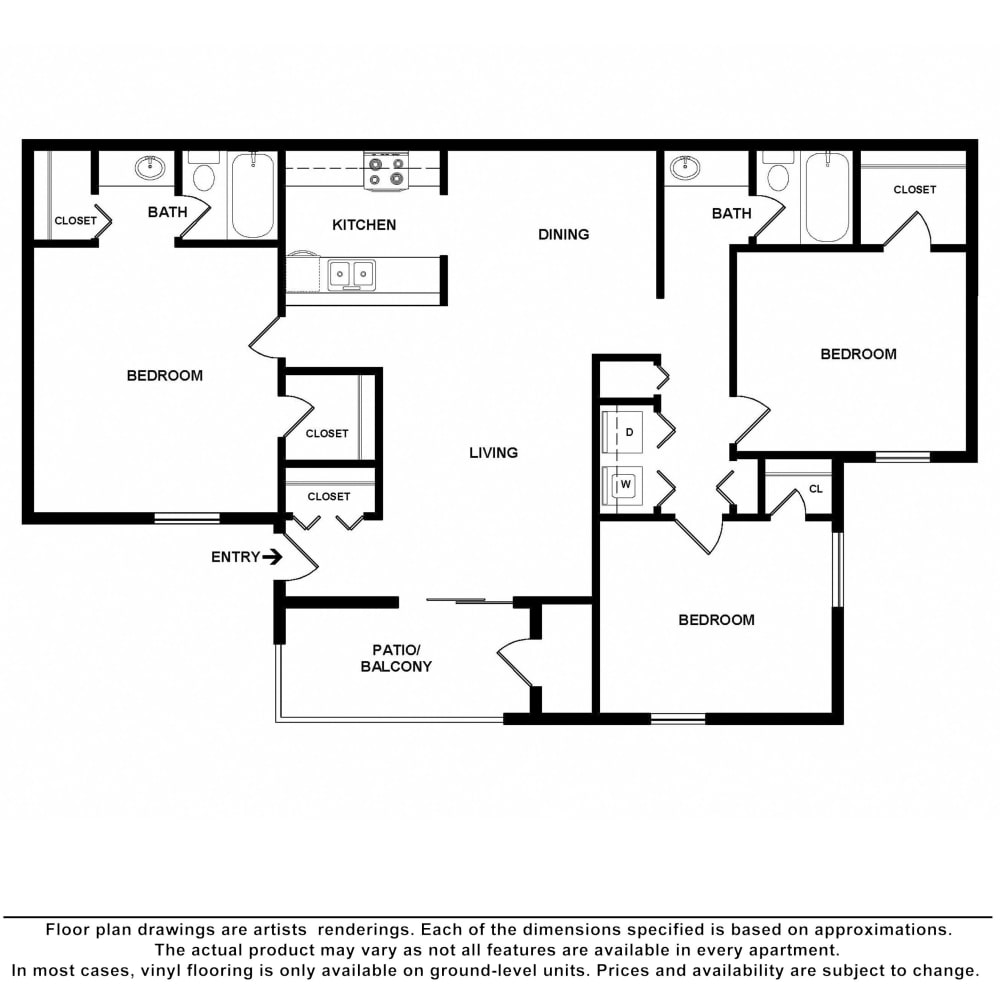 3x2 floor plan drawing at Lake Crossing Apartment Homes in Austell, Georgia