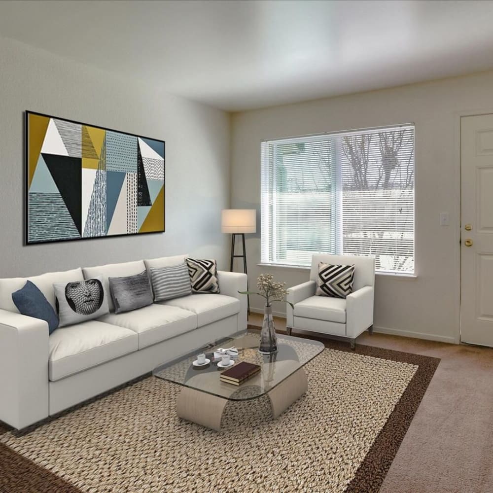 Model living room in the apartments at Park Sorrento in Bakersfield, California