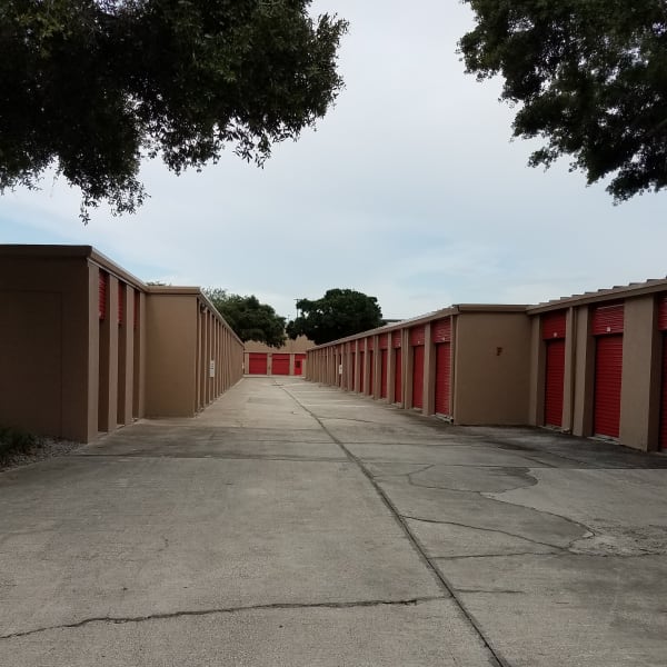 Outdoor drive-up access storage units at StorQuest Self Storage in Tampa, Florida