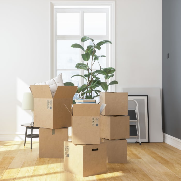 Packed boxes stacked in room near YourSpace Storage @ Rolling Road in Windsor Mill, Maryland