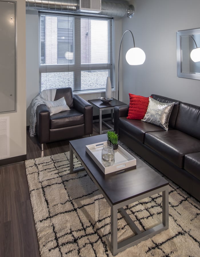 Modern decor in a model student apartment's living room at The Foundry in Ames, Iowa