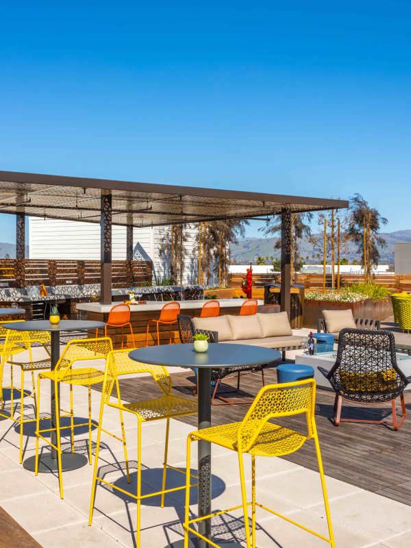 Rooftop terrace seating area at The Julian in San Jose, California
