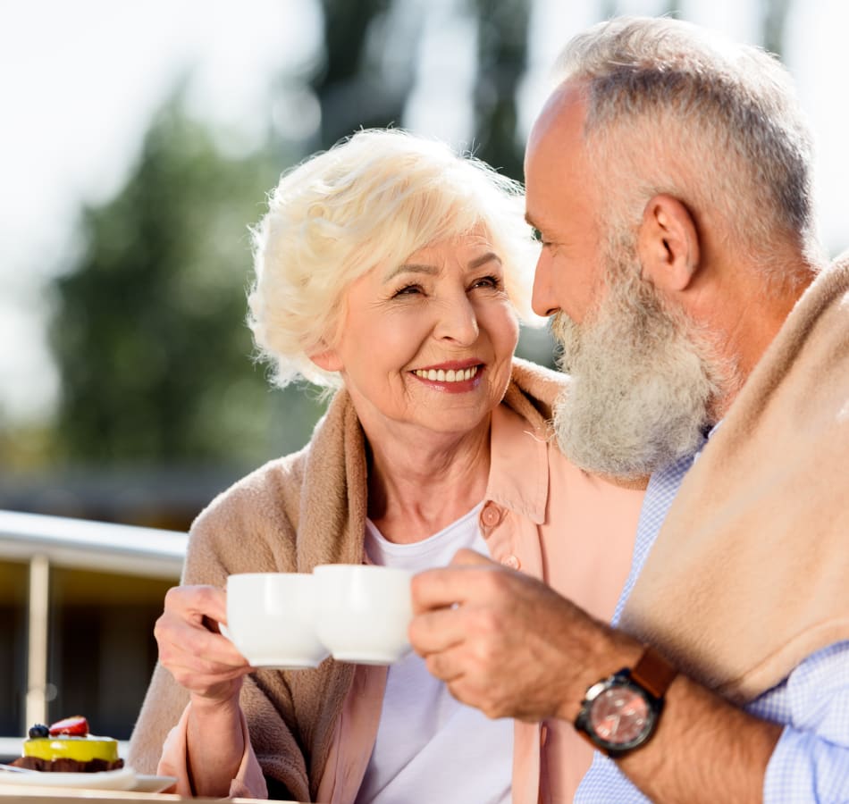 Residents having a cup of coffee in the morning at The Village of Southampton in Houston, Texas