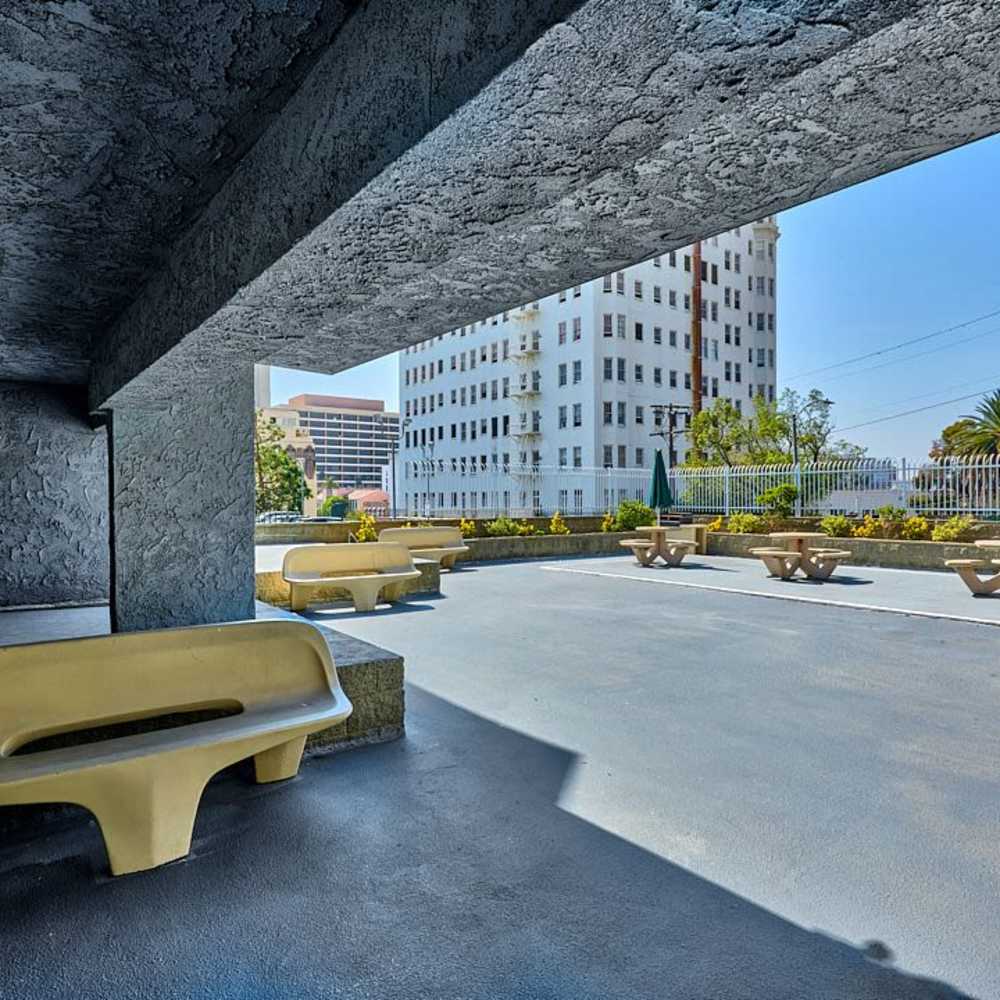Outdoor are with table at Carondelet in Los Angeles. CA