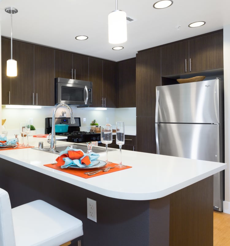 Modern kitchen with sleek, stainless-steel appliances in a model home at Sofi Riverview Park in San Jose, California