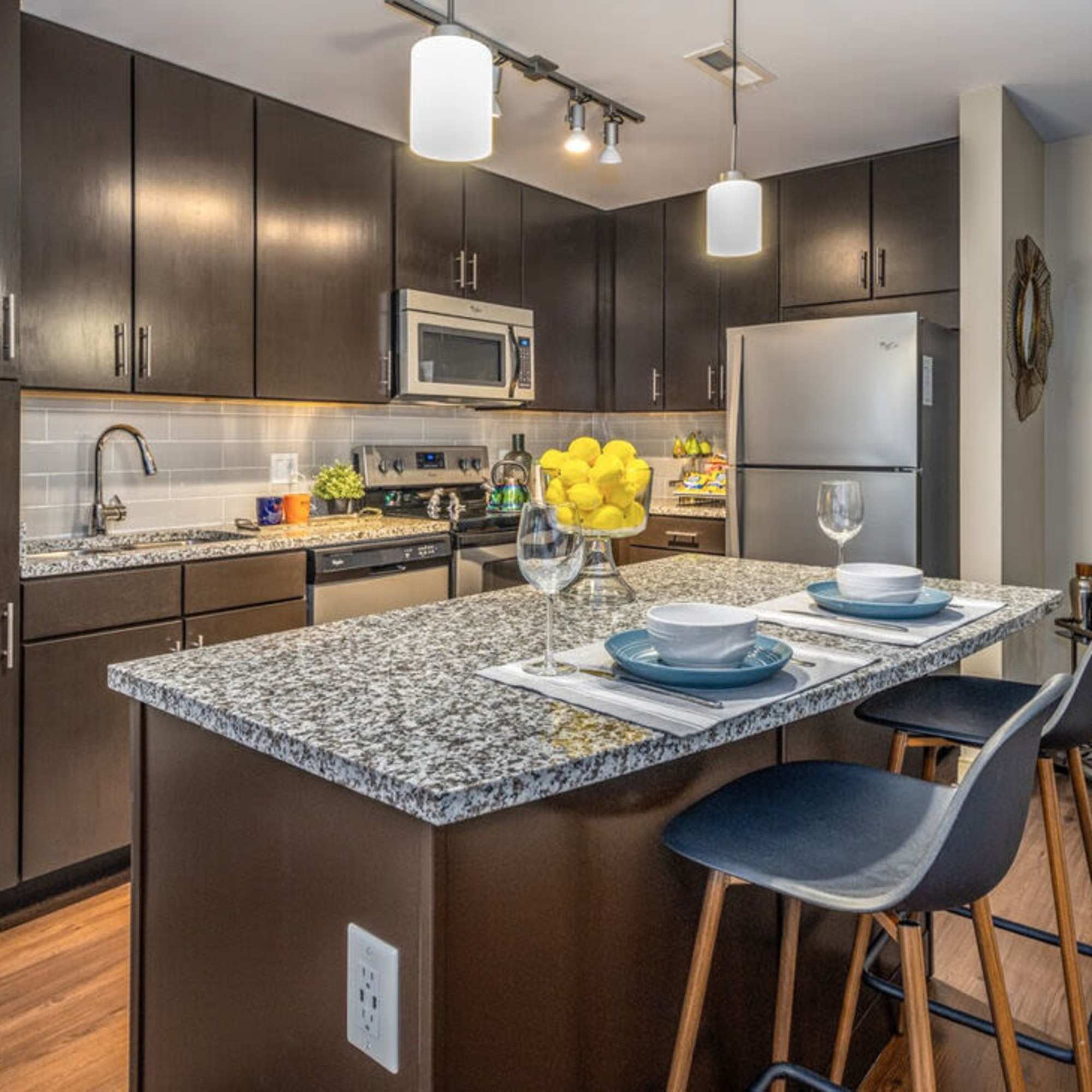 Kitchen with dining table at Radius at The Banks in Cincinnati, Ohio