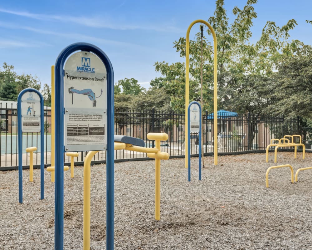 Outdoor fitness equipment at Willow Run at Mark Center Apartment Homes in Alexandria, Virginia