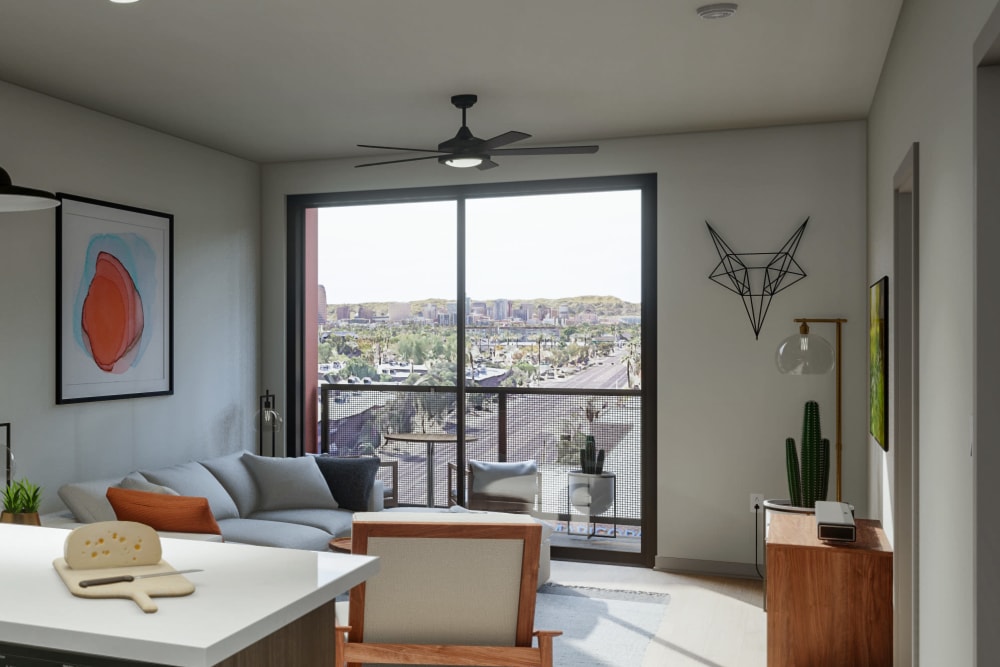 Modern decor in living area of model home at The Astor at Osborn in Phoenix, Arizona