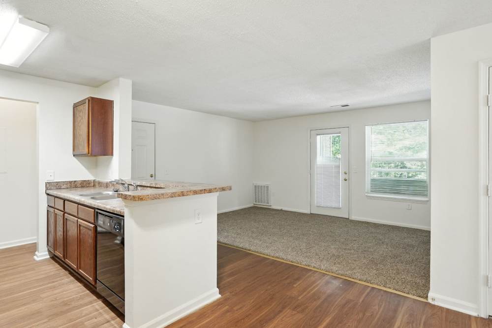 Open-concept of kitchen and living room at Monmouth Woods in King George,Virginia