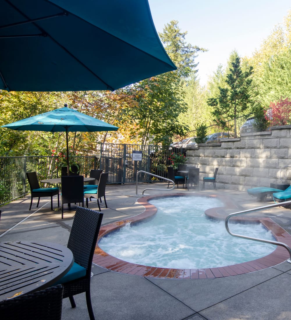 Steaming spa on a crisp morning at Sofi at Forest Heights in Portland, Oregon