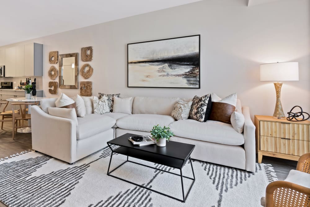 Picturesque living room at The Residences at Sawmill Station in Morton Grove, Illinois