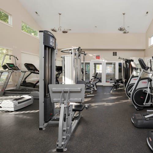 Well-equipped onsite fitness center at Olympus at the District in South Jordan, Utah