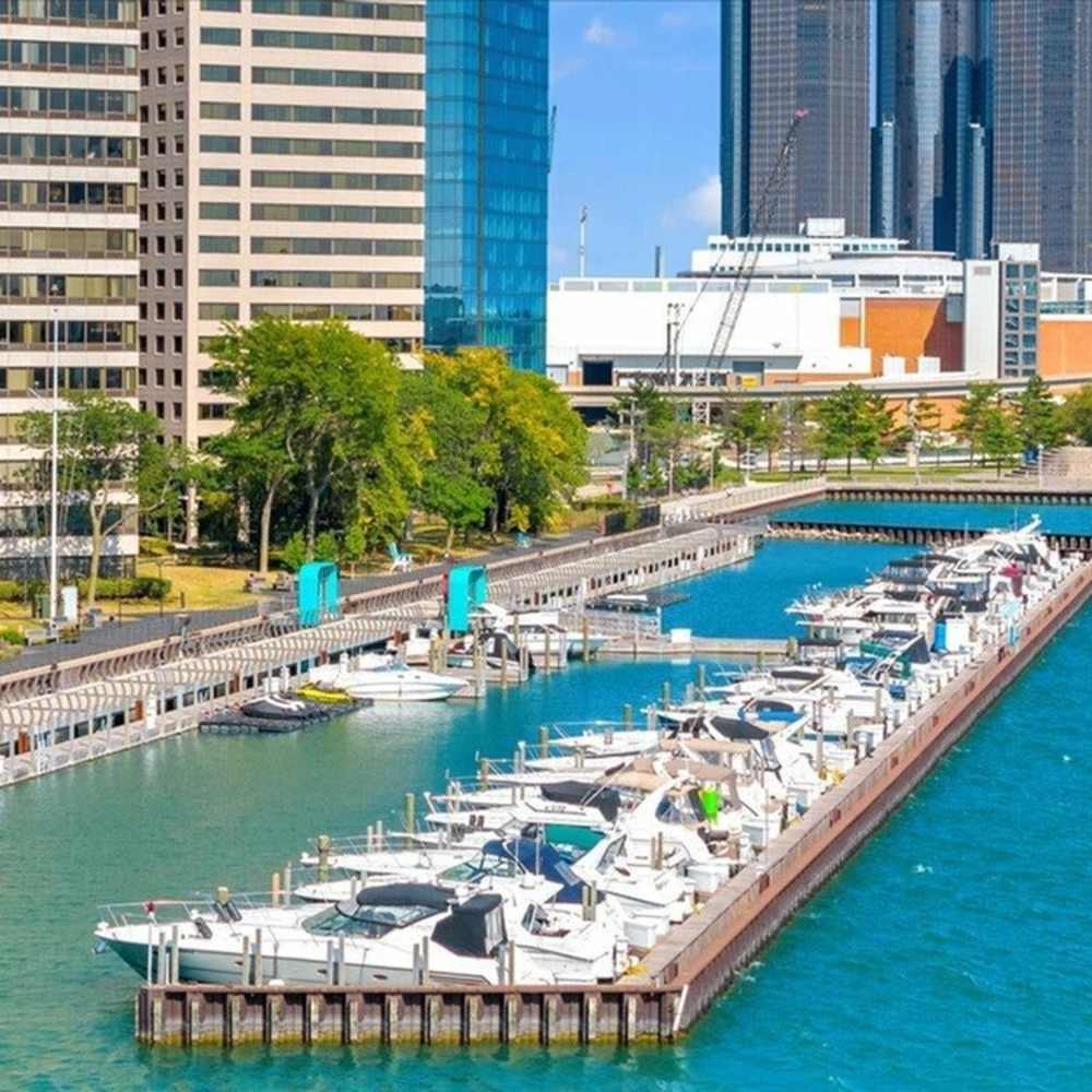 Aerial view of the harbour with boats at Riverfront Towers in Detroit, Michigan