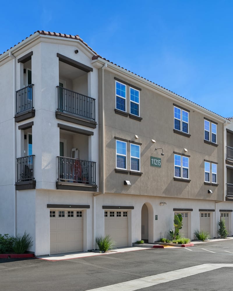 Garages below homes at Alivia Townhomes in Whittier, California