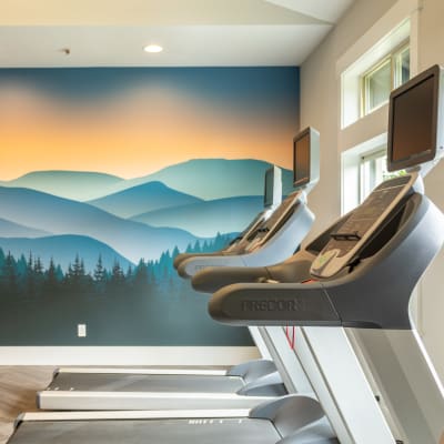 Fitness center with various gym equipment at Vue Issaquah in Issaquah, Washington